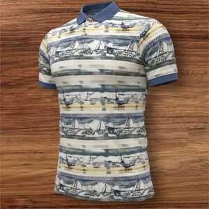 Ringo Sport Mens Large Sailboat Nautical Print Polo Shirt Cotton Short Sleeve L